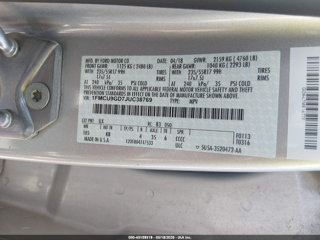 Aukcja sprzedaży 2018 Ford Escape Se, vin: 1FMCU9GD7JUC38769, numer aukcji: 45159119