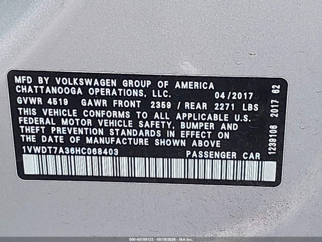 Продаж на аукціоні авто 2017 Volkswagen Passat 1.8t R-line, vin: 1VWDT7A36HC068403, номер лоту: 45159123