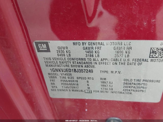 2011 Chevrolet Traverse 2lt მანქანა იყიდება აუქციონზე, vin: 1GNKVJED1BJ357249, აუქციონის ნომერი: 45159127