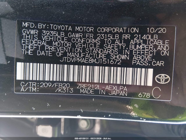 45159131 :رقم المزاد ، JTDVPMAE8MJ151672 vin ، 2021 Toyota Corolla Le مزاد بيع