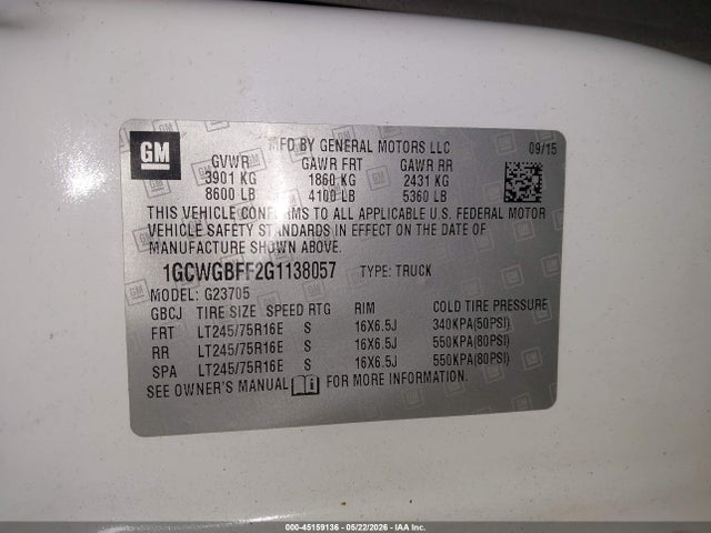 Продажа на аукционе авто 2016 Chevrolet Express 2500 Work Van, vin: 1GCWGBFF2G1138057, номер лота: 45159136