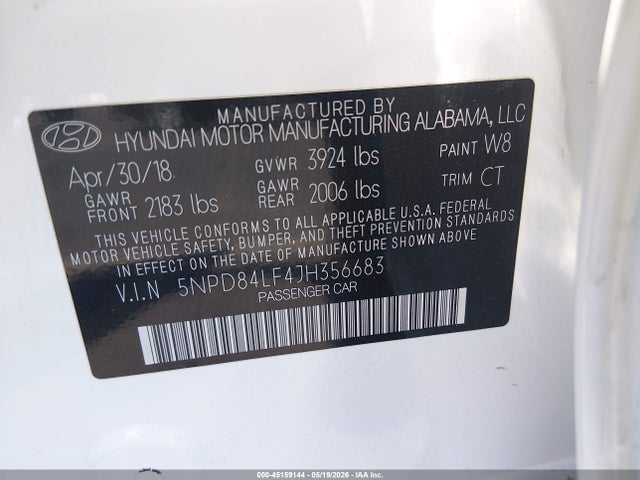 Продаж на аукціоні авто 2018 Hyundai Elantra Sel, vin: 5NPD84LF4JH356683, номер лоту: 45159144