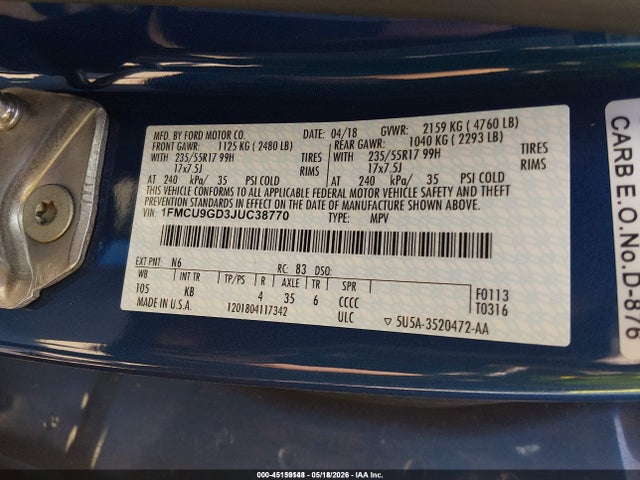 Aukcja sprzedaży 2018 Ford Escape Se, vin: 1FMCU9GD3JUC38770, numer aukcji: 45159148