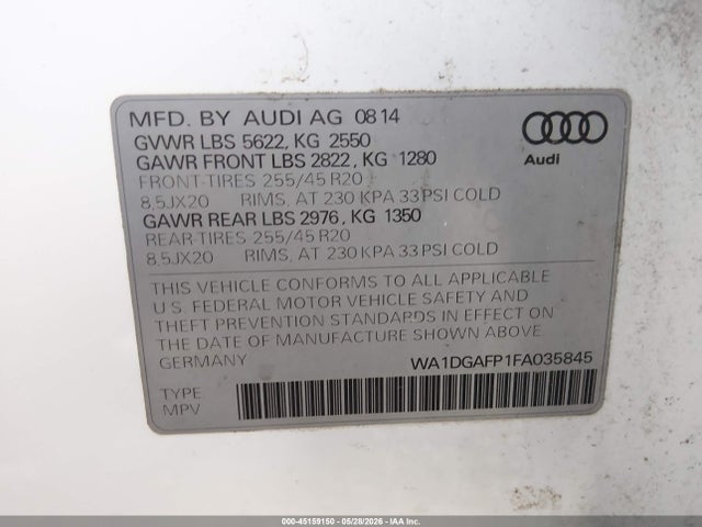 2015 Audi Q5 3.0t Premium Plus მანქანა იყიდება აუქციონზე, vin: WA1DGAFP1FA035845, აუქციონის ნომერი: 45159150
