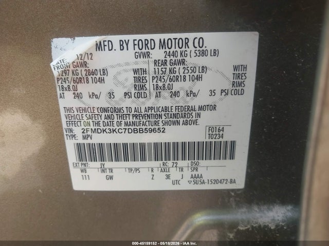 45159152 :رقم المزاد ، 2FMDK3KC7DBB59652 vin ، 2013 Ford Edge Limited مزاد بيع