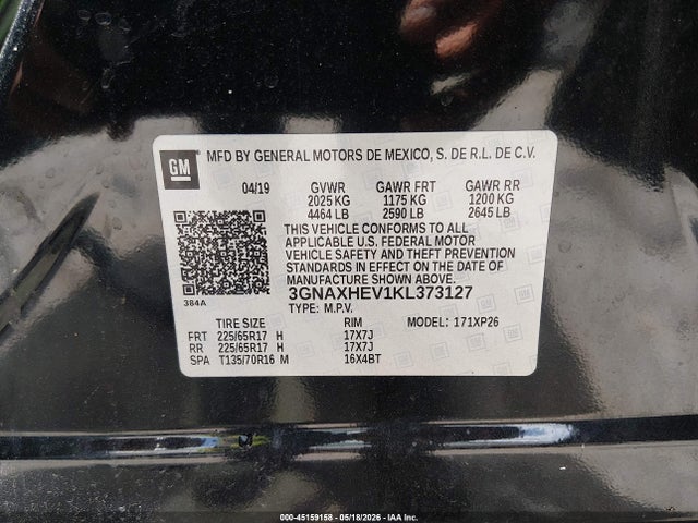 Aukcja sprzedaży 2019 Chevrolet Equinox Ls, vin: 3GNAXHEV1KL373127, numer aukcji: 45159158