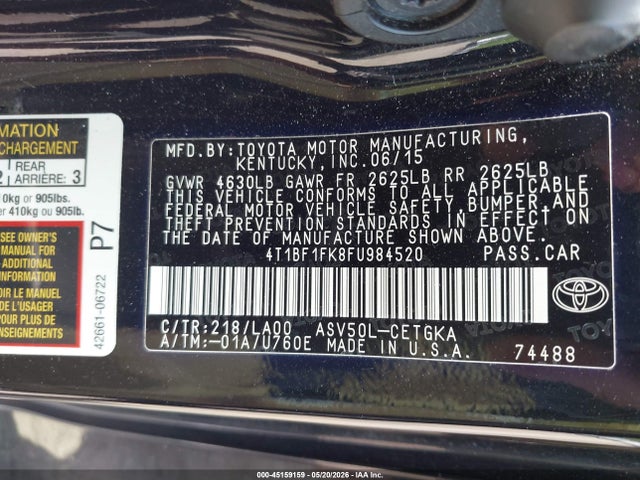 2015 Toyota Camry Xle მანქანა იყიდება აუქციონზე, vin: 4T1BF1FK8FU984520, აუქციონის ნომერი: 45159159