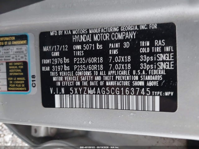 45159183 :رقم المزاد ، 5XYZH4AG5CG163745 vin ، 2012 Hyundai Santa Fe Se مزاد بيع