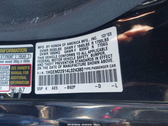 2004 Honda Civic Ex მანქანა იყიდება აუქციონზე, vin: 1HGEM22914L024380, აუქციონის ნომერი: 45159188