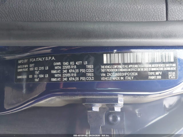Aukcja sprzedaży 2017 Jeep Renegade Altitude Fwd, vin: ZACCJABB3HPG12634, numer aukcji: 45159191