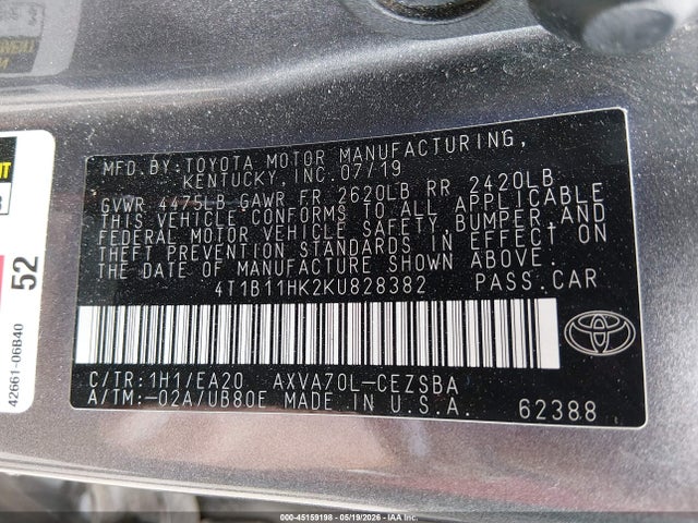 Продаж на аукціоні авто 2019 Toyota Camry Se, vin: 4T1B11HK2KU828382, номер лоту: 45159198