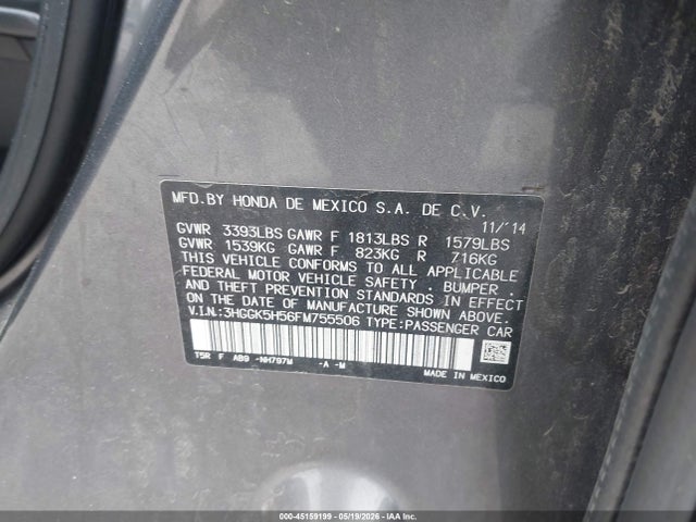 45159199 :رقم المزاد ، 3HGGK5H56FM755506 vin ، 2015 Honda Fit Lx مزاد بيع