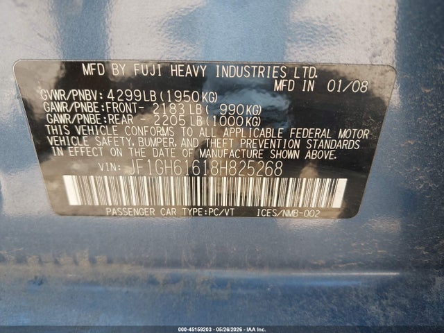 2008 Subaru Impreza 2.5i მანქანა იყიდება აუქციონზე, vin: JF1GH61618H825268, აუქციონის ნომერი: 45159203