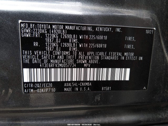 45159206 :رقم المزاد ، 4T3E6RFV2MU057734 vin ، 2021 Toyota Rav4 Hybrid Xse مزاد بيع