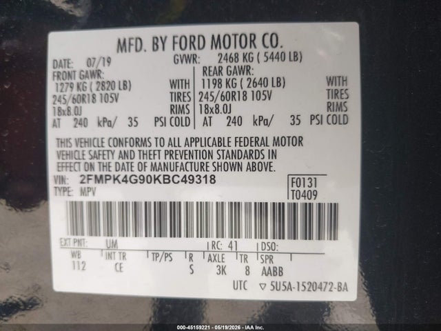 Aukcja sprzedaży 2019 Ford Edge Se, vin: 2FMPK4G90KBC49318, numer aukcji: 45159221