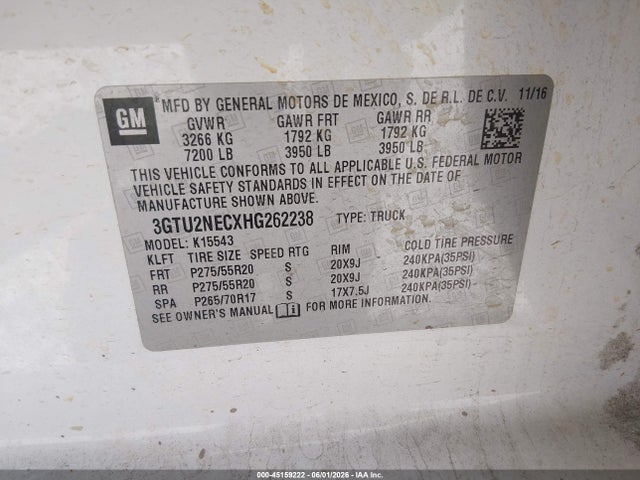 45159222 :رقم المزاد ، 3GTU2NECXHG262238 vin ، 2017 Gmc Sierra 1500 Slt مزاد بيع