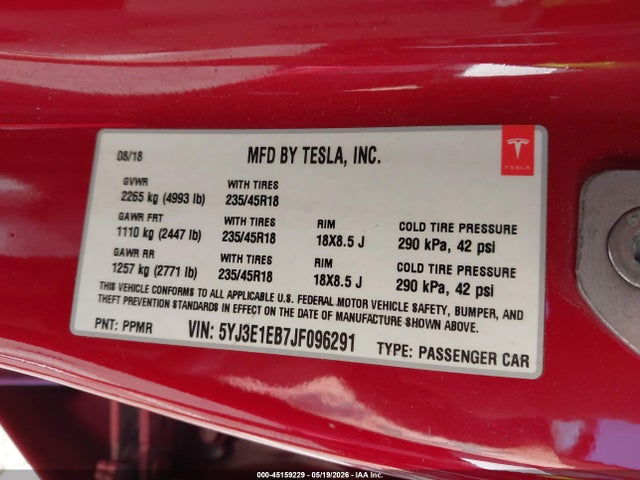 Tesla Model 3 Long Range/performance 2018 5YJ3E1EB7JF096291 Image 9