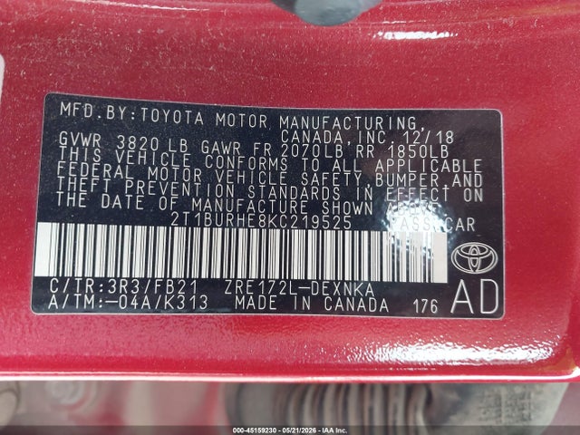 Toyota COROLLA LE 2019 2T1BURHE8KC219525 Image 9