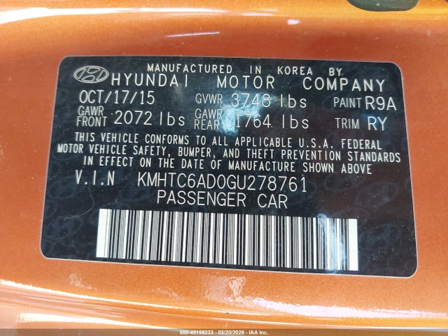 Aukcja sprzedaży 2016 Hyundai Veloster, vin: KMHTC6AD0GU278761, numer aukcji: 45159233