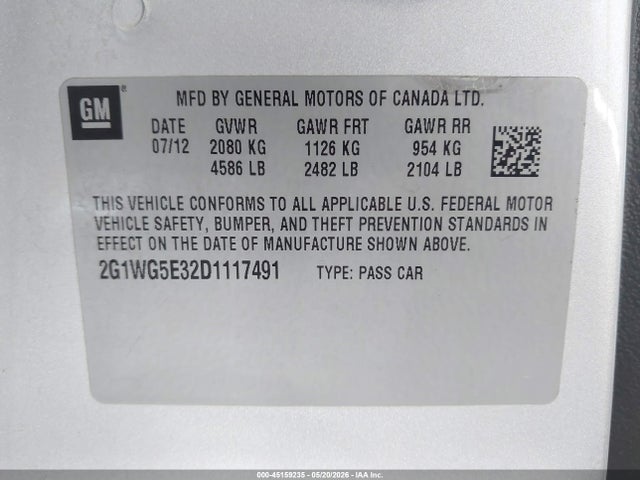 Aukcja sprzedaży 2013 Chevrolet Impala Lt, vin: 2G1WG5E32D1117491, numer aukcji: 45159235