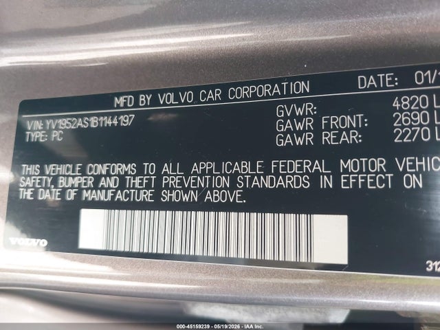 45159239 :رقم المزاد ، YV1952AS1B1144197 vin ، 2011 Volvo S80 3.2 مزاد بيع