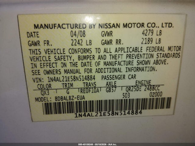 2008 Nissan Altima 2.5 S მანქანა იყიდება აუქციონზე, vin: 1N4AL21E58N514884, აუქციონის ნომერი: 45159249
