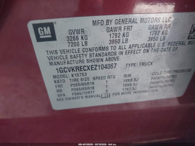 45159250 :رقم المزاد ، 1GCVKRECXEZ104067 vin ، 2014 Chevrolet Silverado 1500 1lt مزاد بيع