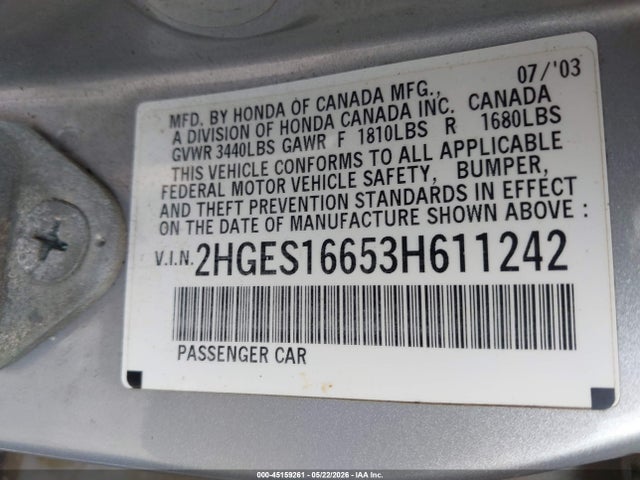 Aukcja sprzedaży 2003 Honda Civic Lx, vin: 2HGES16653H611242, numer aukcji: 45159261