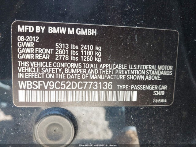 45159273 :رقم المزاد ، WBSFV9C52DC773136 vin ، 2013 Bmw M5 مزاد بيع