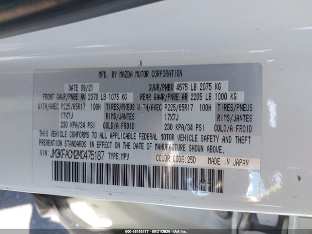 Aukcja sprzedaży 2021 Mazda Cx-5 Touring, vin: JM3KFACM2M0475187, numer aukcji: 45159277