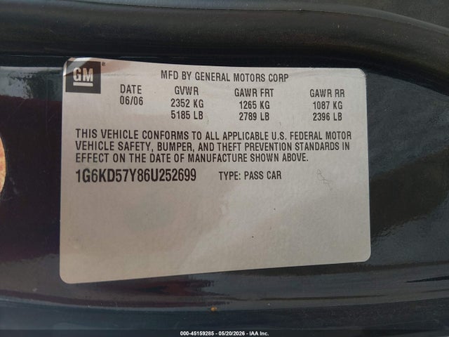 2006 Cadillac Dts Standard მანქანა იყიდება აუქციონზე, vin: 1G6KD57Y86U252699, აუქციონის ნომერი: 45159285