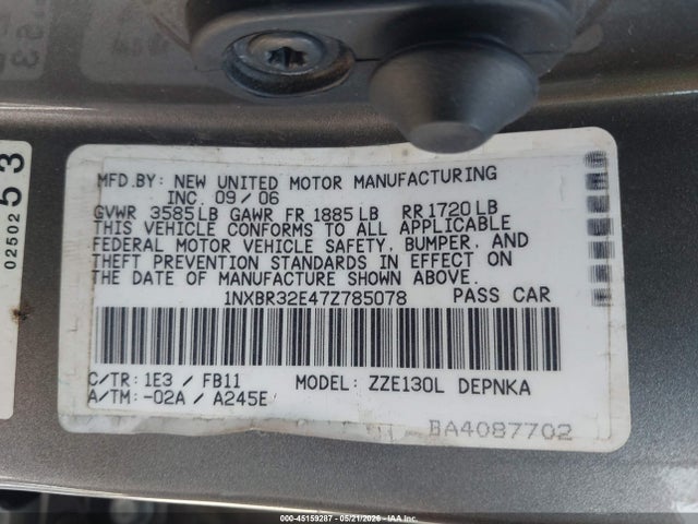 45159287 :رقم المزاد ، 1NXBR32E47Z785078 vin ، 2007 Toyota Corolla Le مزاد بيع