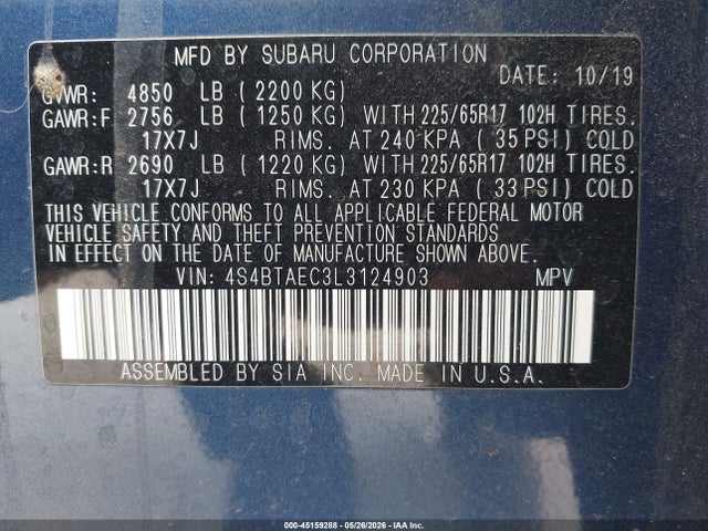 Продаж на аукціоні авто 2020 Subaru Outback Premium, vin: 4S4BTAEC3L3124903, номер лоту: 45159288