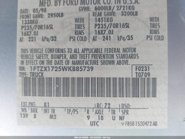 45159289 :رقم المزاد ، 1FTZX1725WKB85739 vin ، 1998 Ford F-150 Standard/xl/xlt مزاد بيع