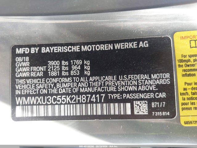 45159290 :رقم المزاد ، WMWXU3C55K2H87417 vin ، 2019 Mini Hardtop Cooper S مزاد بيع