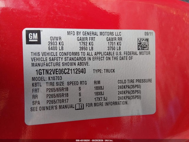 Aukcja sprzedaży 2012 Gmc Sierra 1500 Sle, vin: 1GTN2VE06CZ112940, numer aukcji: 45159291