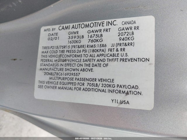 Aukcja sprzedaży 2001 Chevrolet Tracker Zr2, vin: 2CNBJ78C616939557, numer aukcji: 45159300