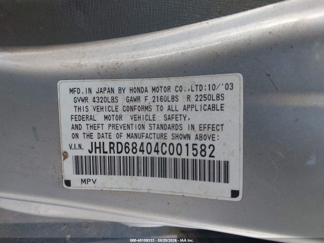 Aukcja sprzedaży 2004 Honda Cr-v Lx, vin: JHLRD68404C001582, numer aukcji: 45159333