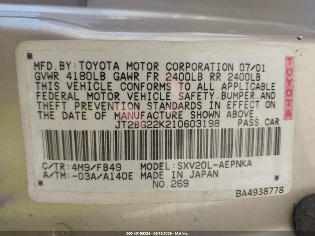 2001 Toyota Camry Le მანქანა იყიდება აუქციონზე, vin: JT2BG22K210603198, აუქციონის ნომერი: 45159334