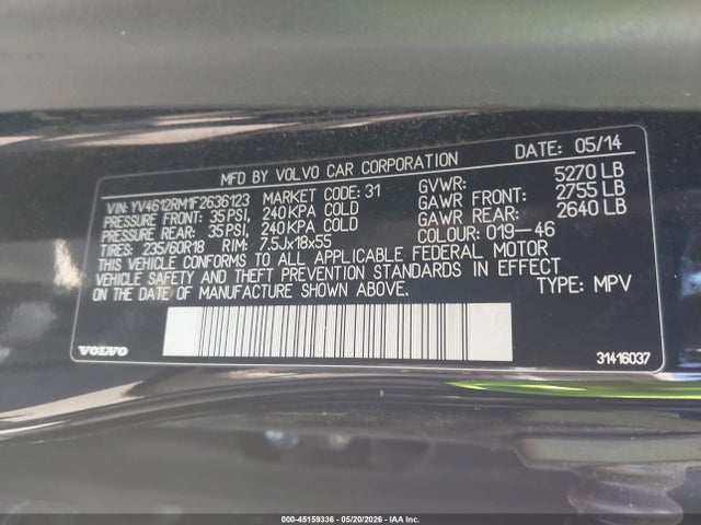 2015 Volvo Xc60 T5 Platinum მანქანა იყიდება აუქციონზე, vin: YV4612RM1F2636123, აუქციონის ნომერი: 45159336