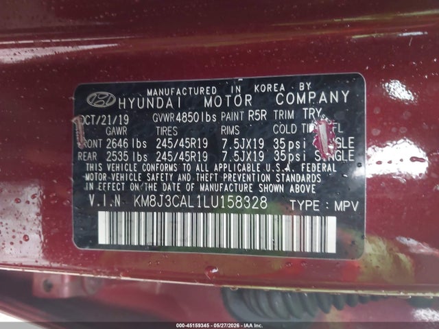 Aukcja sprzedaży 2020 Hyundai Tucson Sport, vin: KM8J3CAL1LU158328, numer aukcji: 45159345