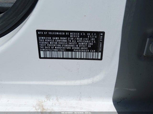 Aukcja sprzedaży 2017 Volkswagen Jetta 1.4t S, vin: 3VW2B7AJ7HM217621, numer aukcji: 45159351