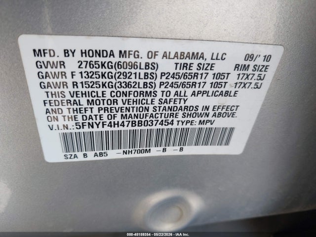 Продажа на аукционе авто 2011 Honda Pilot Ex, vin: 5FNYF4H47BB037454, номер лота: 45159354