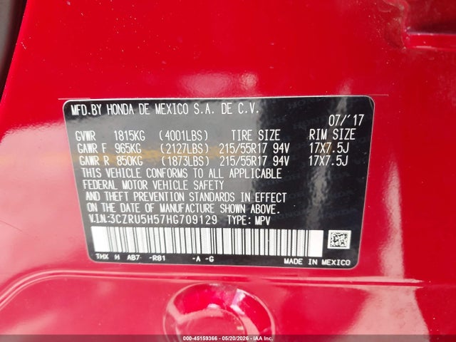 2017 Honda Hr-v Ex მანქანა იყიდება აუქციონზე, vin: 3CZRU5H57HG709129, აუქციონის ნომერი: 45159366