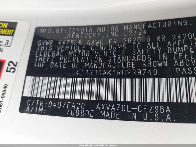 Auction sale of the 2024 Toyota Camry Se, vin: 4T1G11AK1RU239740, lot number: 45159369