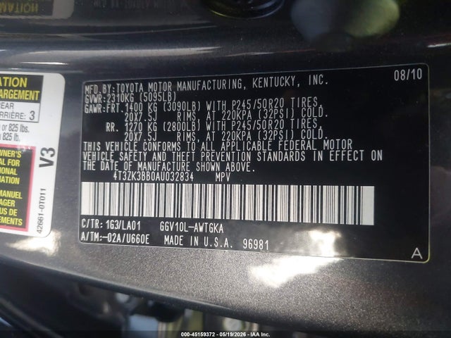 Продаж на аукціоні авто 2010 Toyota Venza Base V6, vin: 4T3ZK3BB0AU032834, номер лоту: 45159372