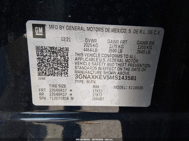3GNAXKEV5MS143581 Chevrolet Equinox Fwd Lt