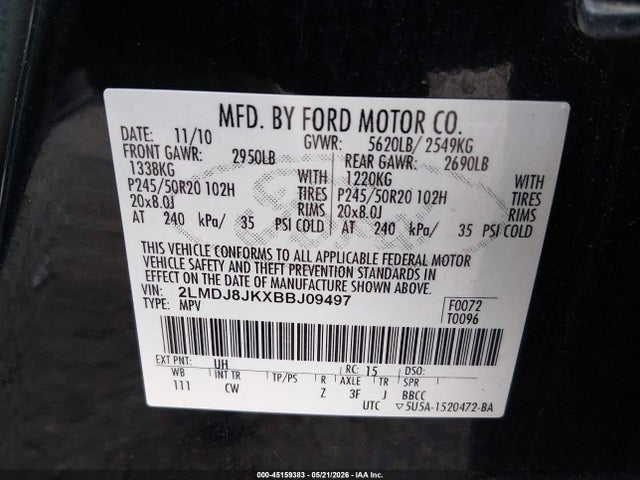 Aukcja sprzedaży 2011 Lincoln Mkx, vin: 2LMDJ8JKXBBJ09497, numer aukcji: 45159383