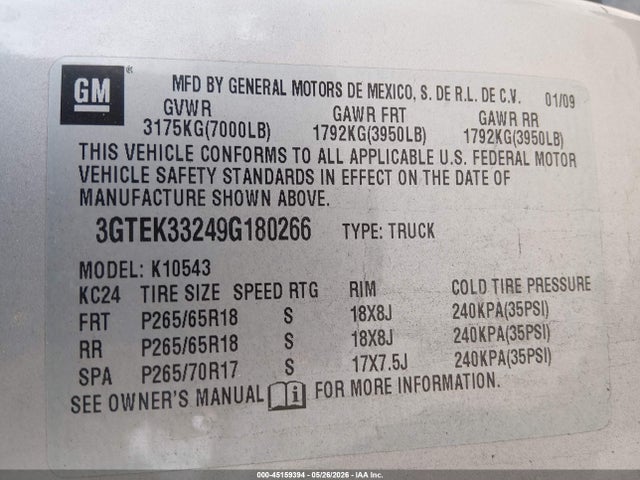 Продаж на аукціоні авто 2009 Gmc Sierra 1500 Slt, vin: 3GTEK33249G180266, номер лоту: 45159394