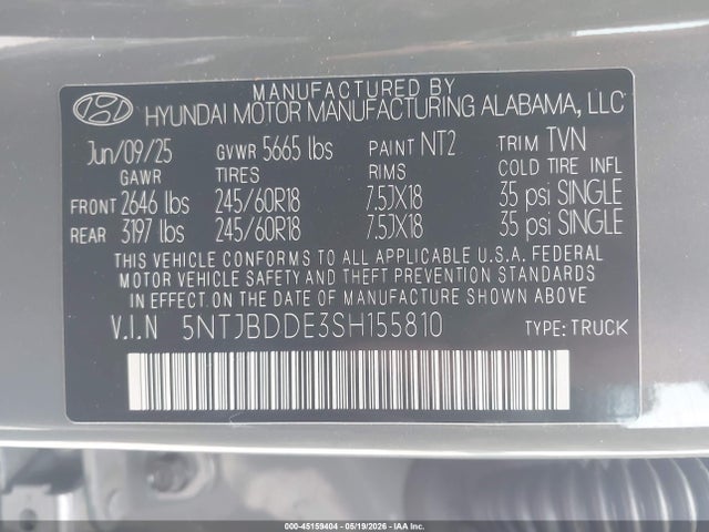 Aukcja sprzedaży 2025 Hyundai Santa Cruz Sel, vin: 5NTJBDDE3SH155810, numer aukcji: 45159404